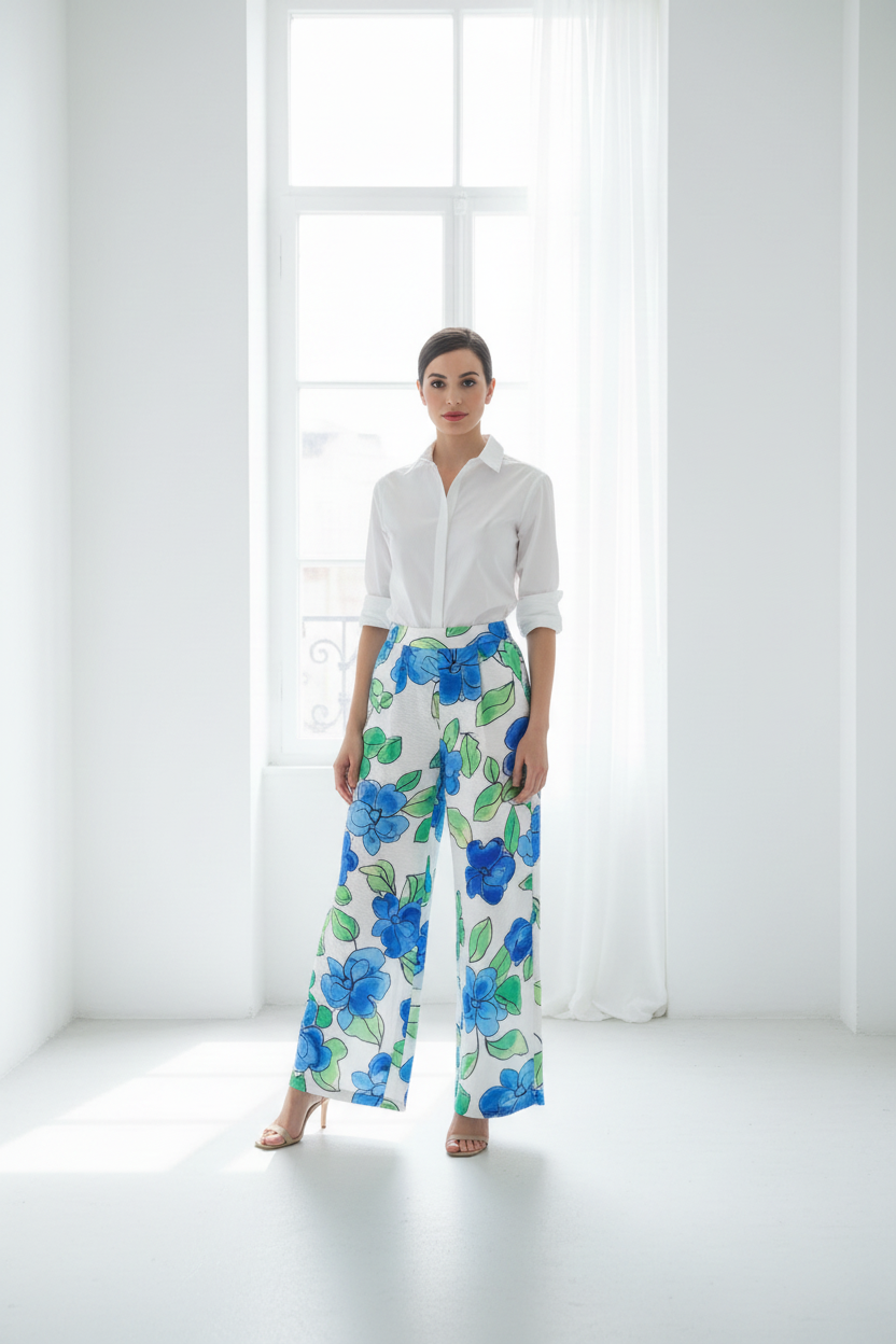 Pantalón floral con camisa popelín blanca