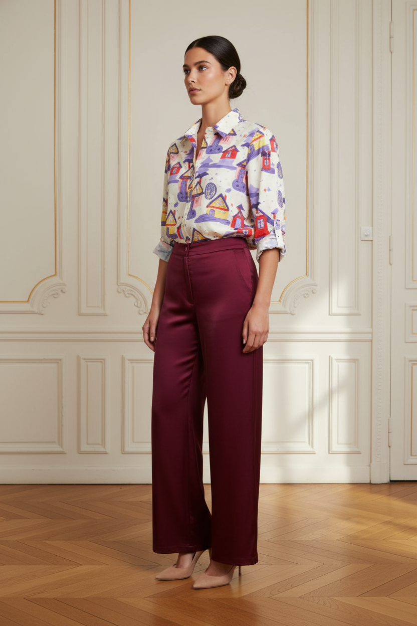 Pantalón granate + camisa casitas 3/4