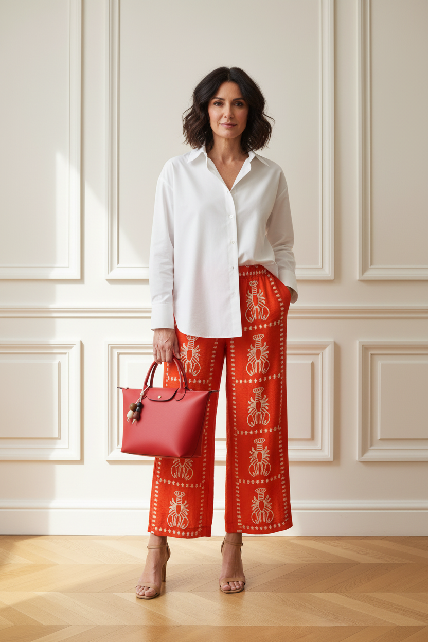 Pantalón langostas rojo + camisa blanca + bolso rojo - frontal