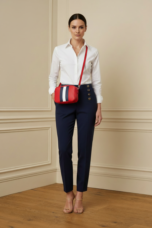 Pantalón navy + camisa blanca + bolso rojo náutico