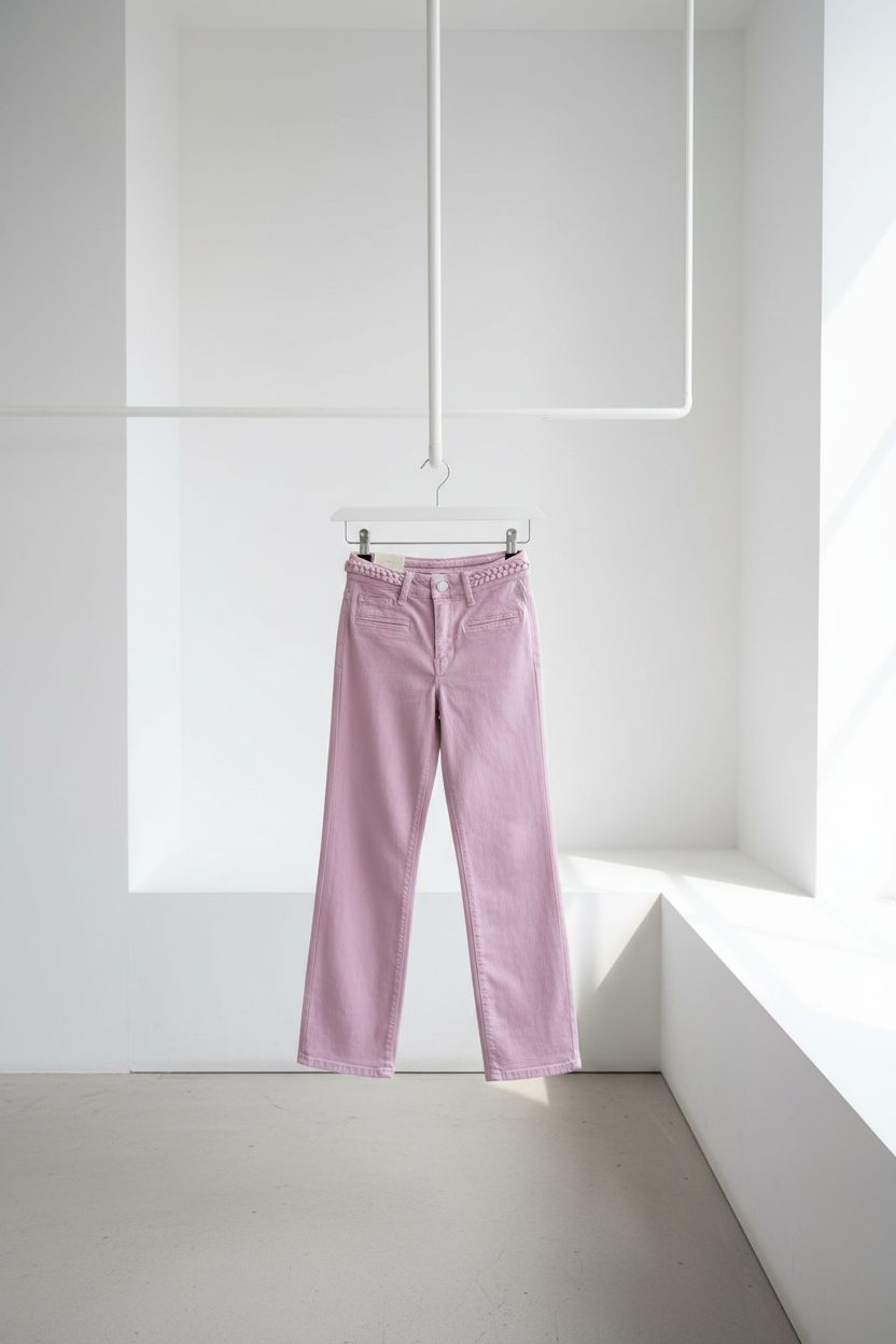Pantalón rosa en espacio arquitectónico blanco