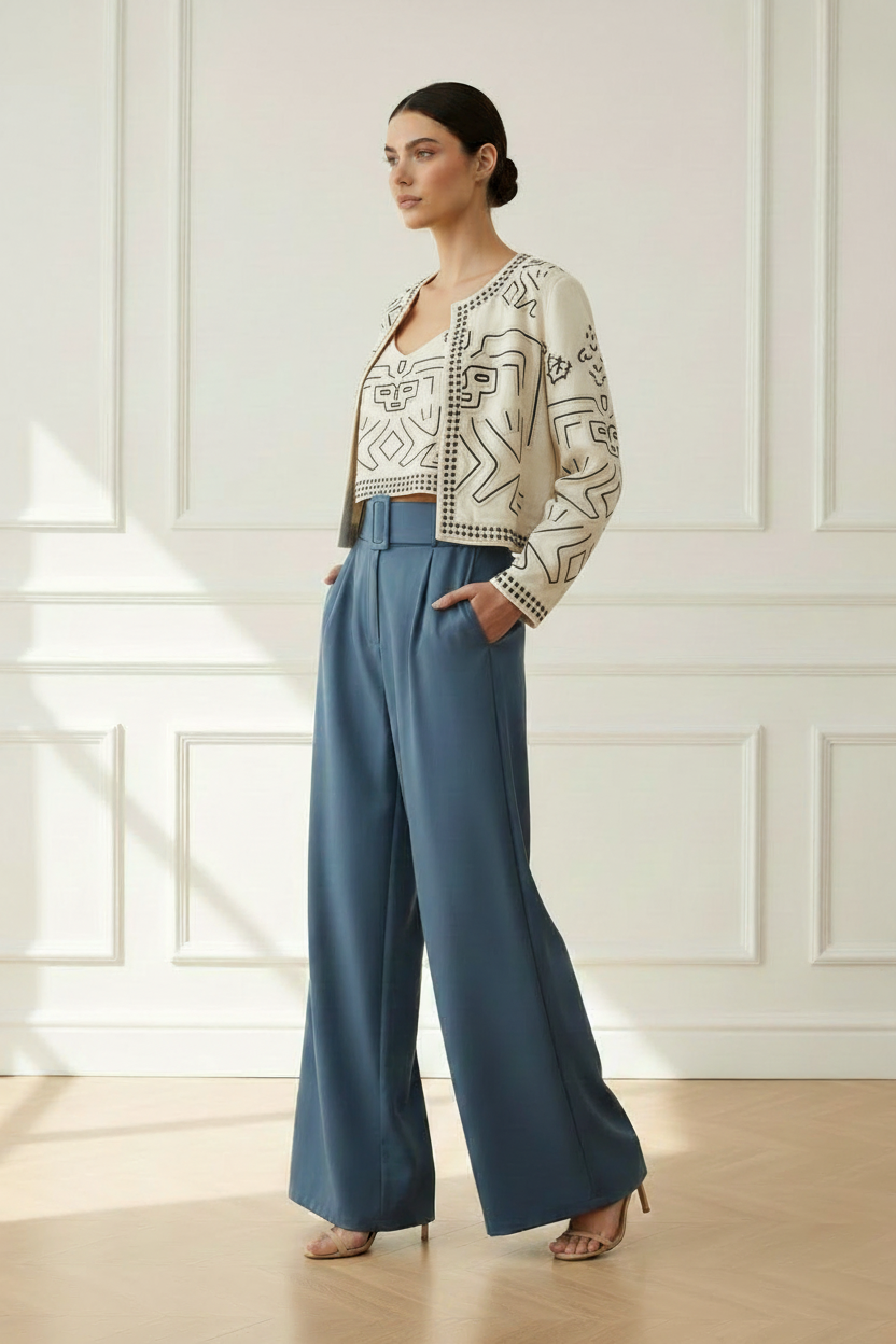 Pantalón wide leg azul con top y chaqueta étnica crema