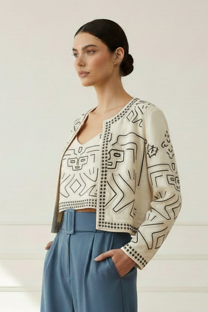 Chaqueta Étnica de Pedrería Crema