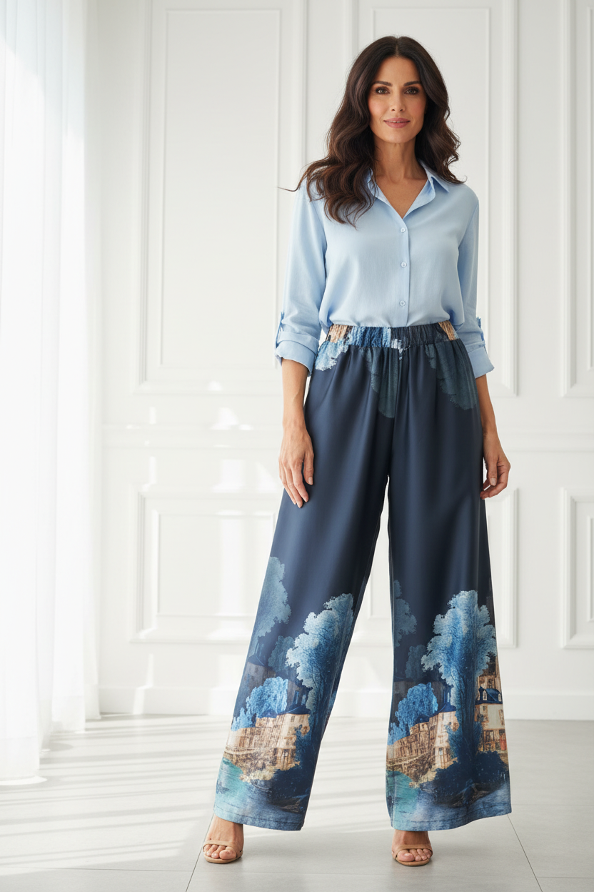 Pantalón wide-leg estampado paisaje castillo modelo española