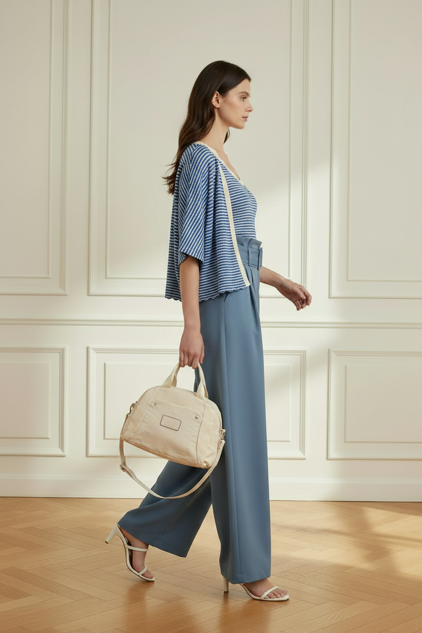 Modelo de perfil con bolso bowling crema en color crema