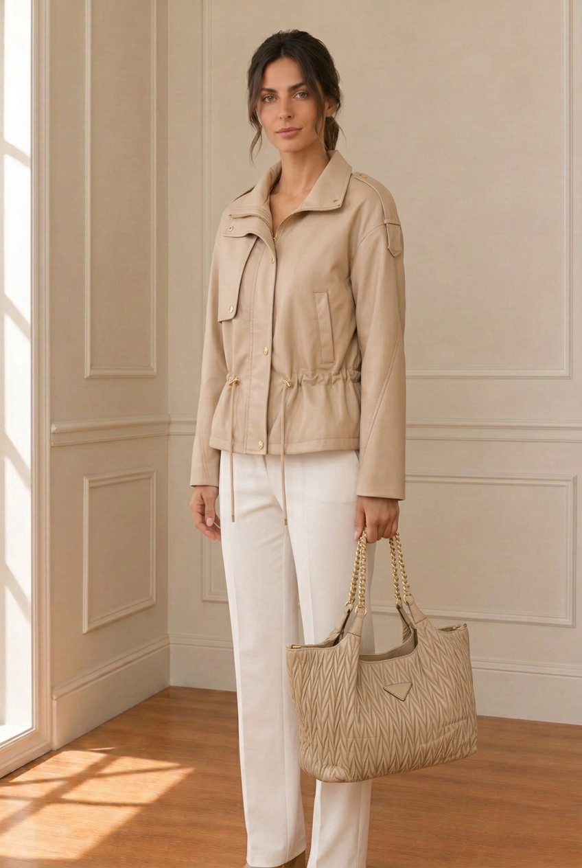 Plano de tres cuartos con cazadora sin pelo y bolso beige en la mano
