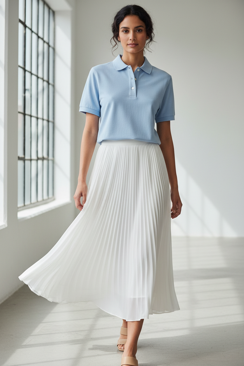 Polo azul clarito con falda blanca detalle