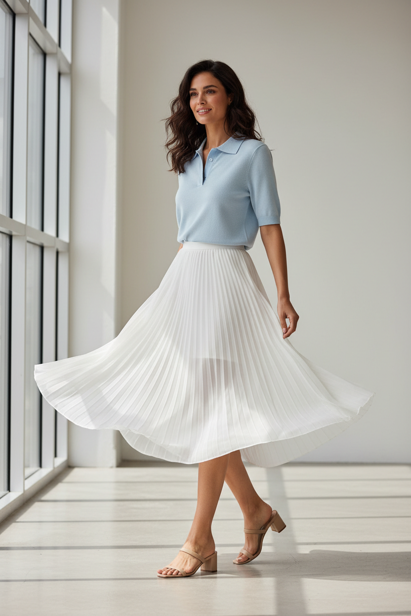 Polo azul clarito con falda blanca en movimiento