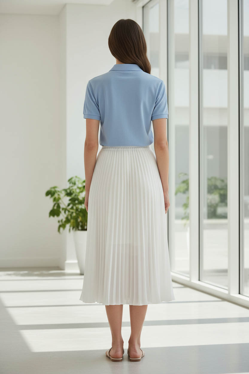 Polo azul clarito con falda blanca espalda