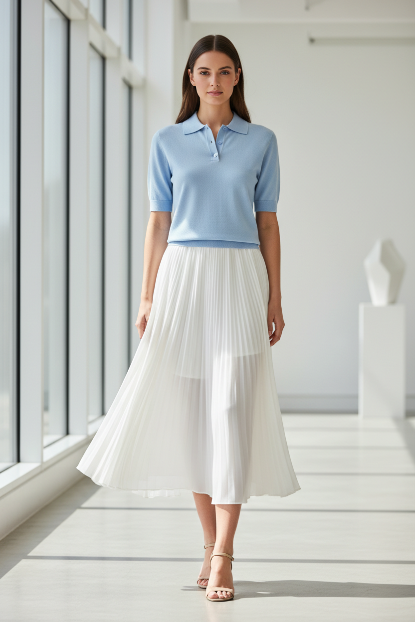 Polo azul clarito con falda blanca vista frontal