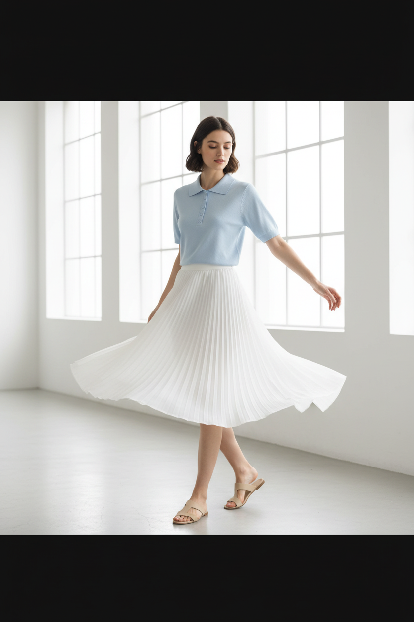 Polo azul claro con falda blanca en movimiento