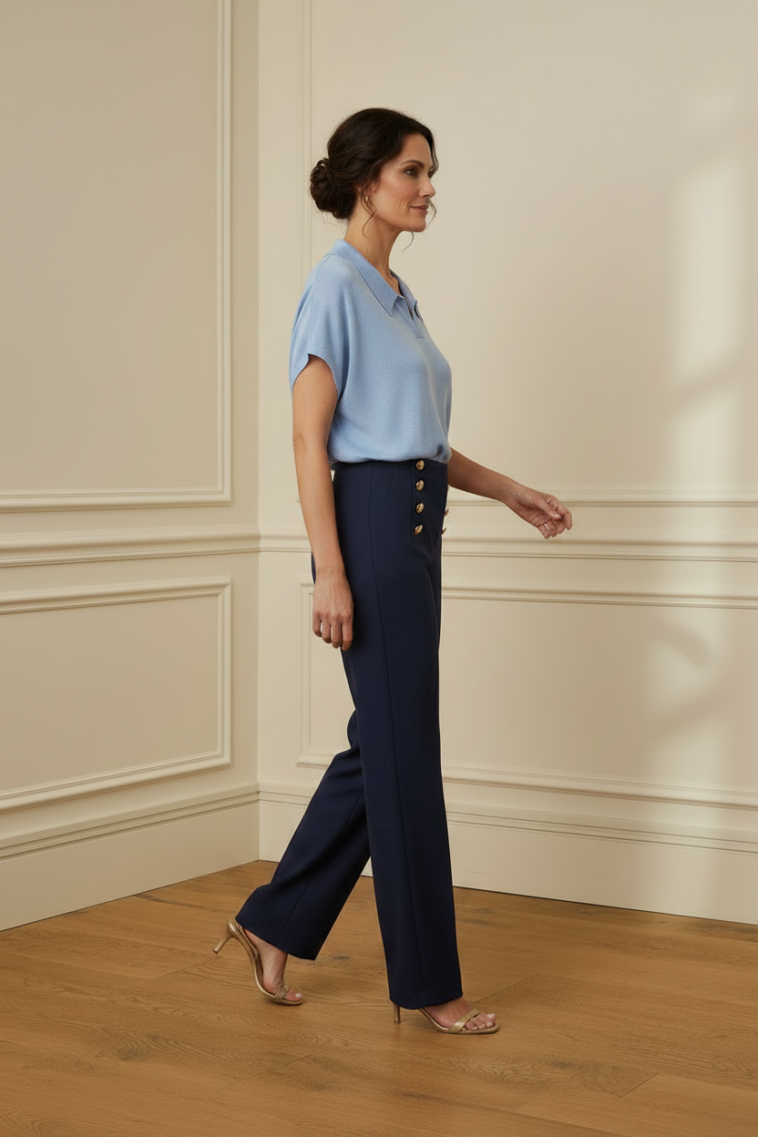 Polo azul + pantalón navy - caminando