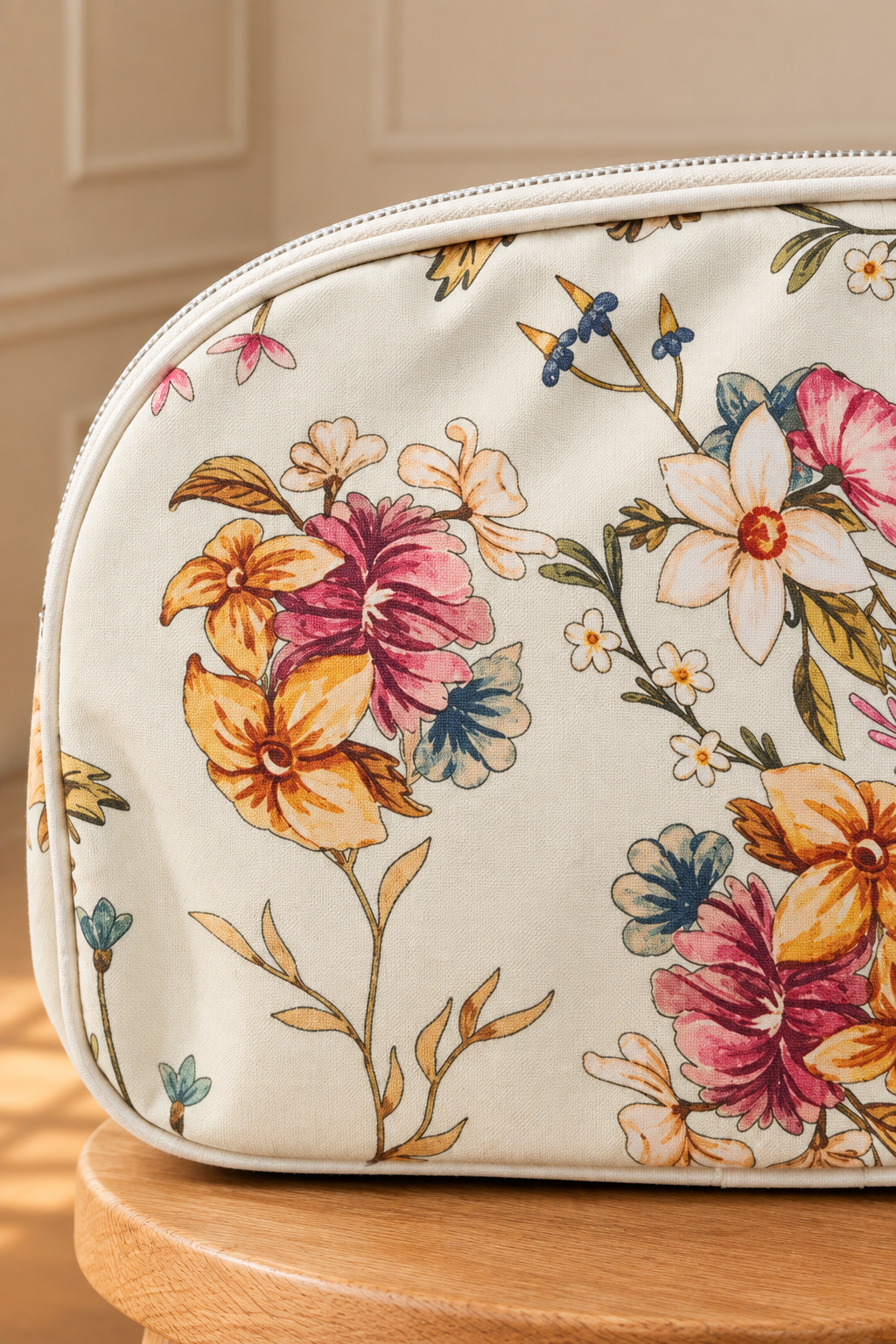 Primer plano del estampado, el ribete y la cremallera del bolso floral