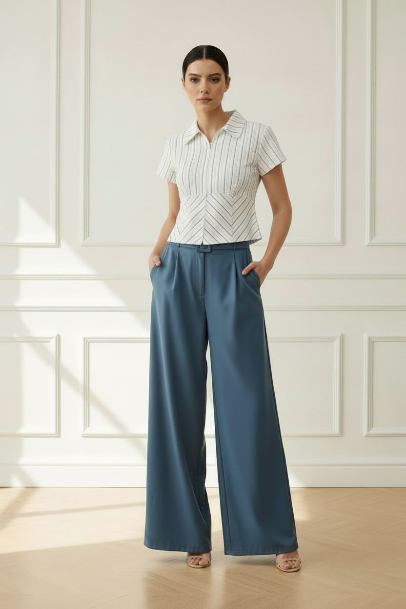 Camisa polo rayas doradas blanca - look completo blanco puro con palazzo azul