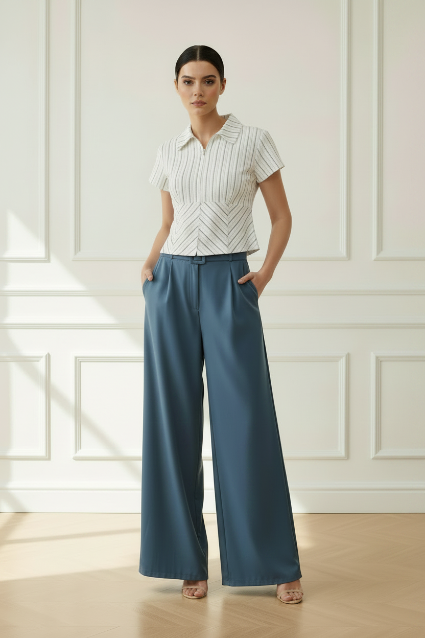 Camisa polo rayas doradas blanca - look completo off white con palazzo azul
