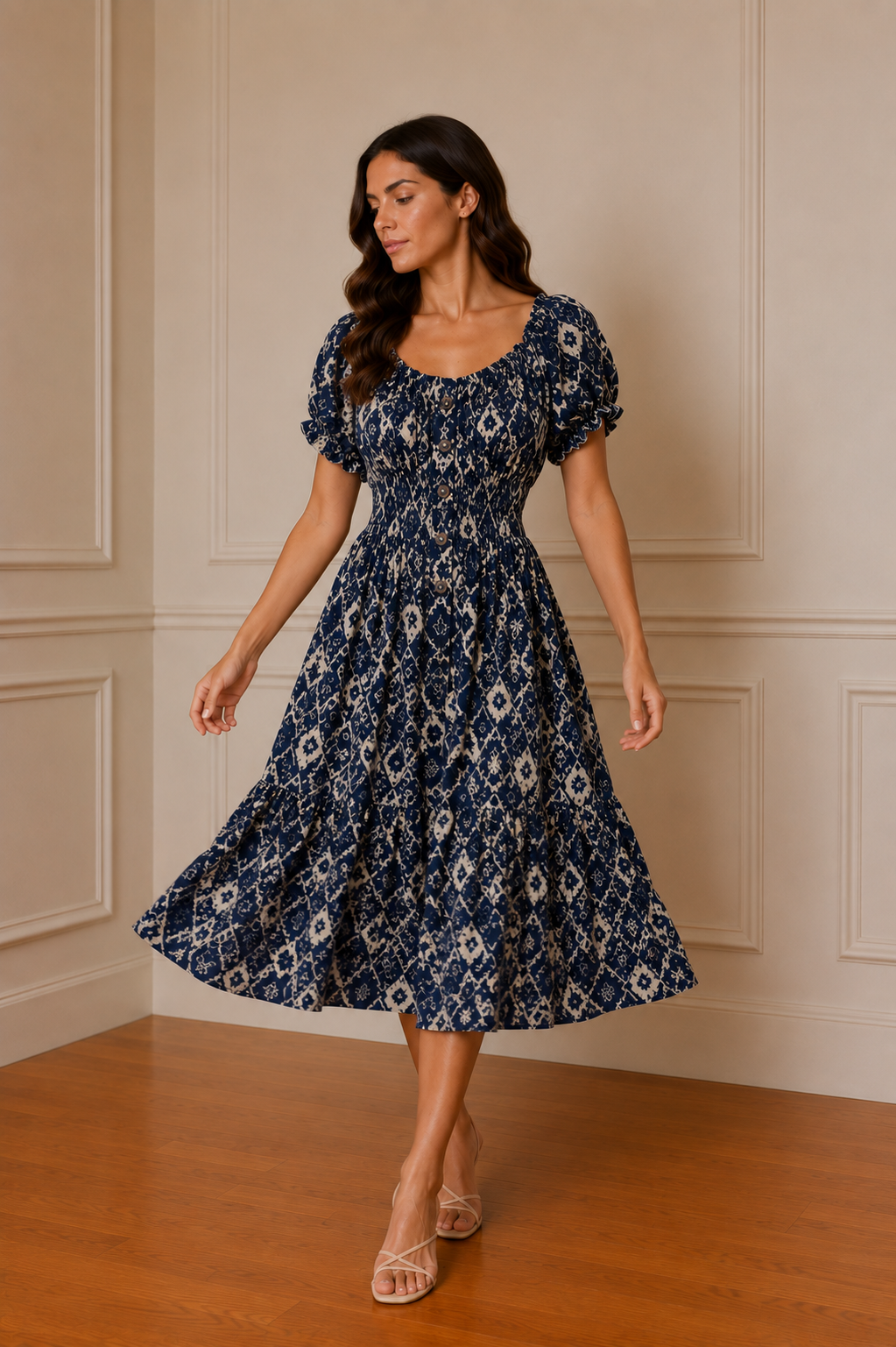 Vestido midi estampado geométrico azul navy - frontal