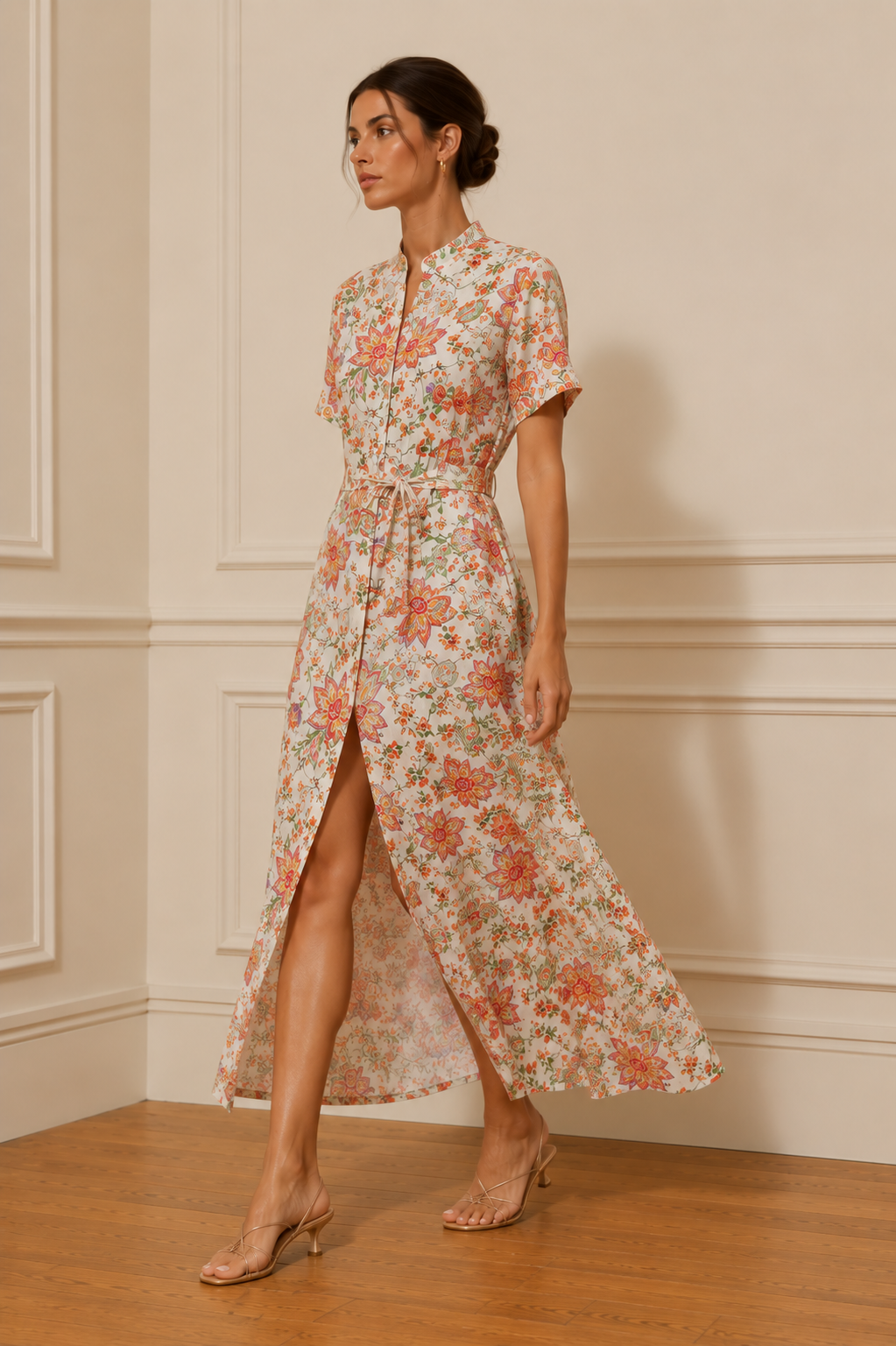Vestido camisero midi floral coral con cuello mao