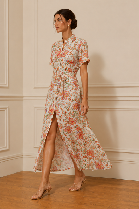 Vestido camisero midi floral coral con cuello mao