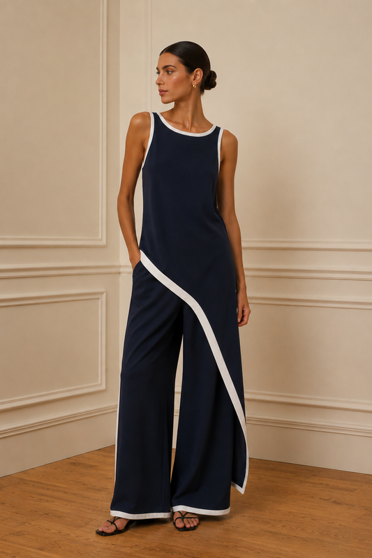 Pantalón palazzo azul marino con ribetes blancos