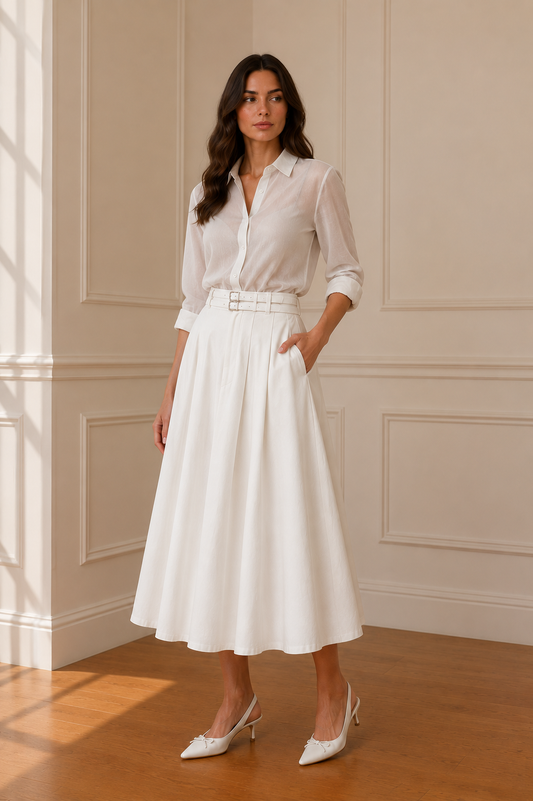 Falda midi blanca con cinturón doble hebilla