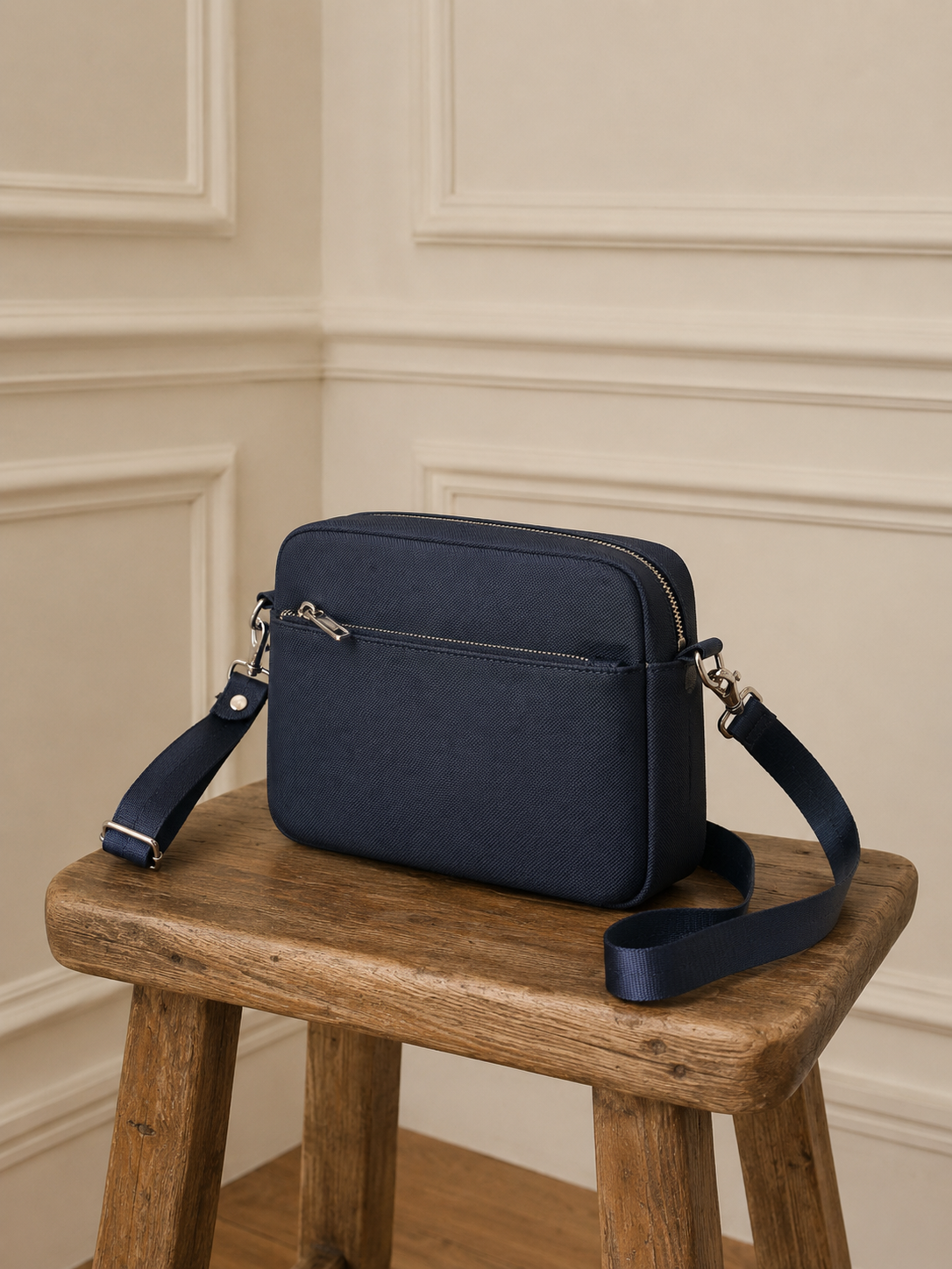 Bolso bandolera azul marino piqué - vista frontal