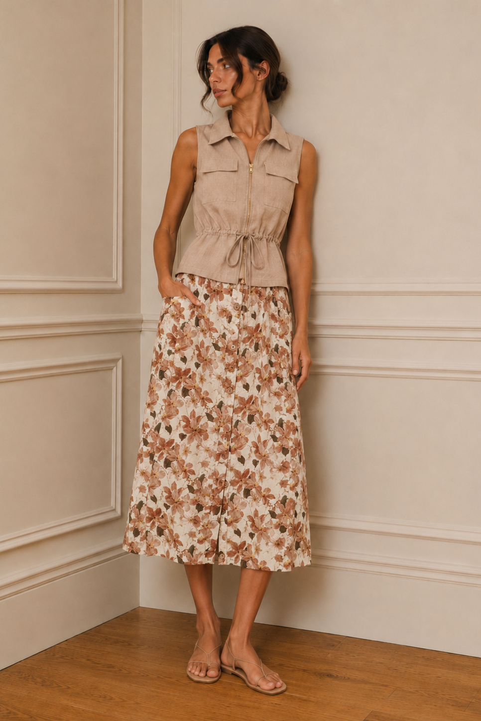Falda midi floral beige y camel - vista en movimiento