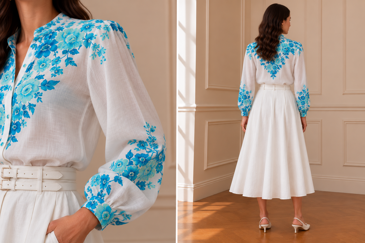 Camisa floral blanca estampado turquesa
