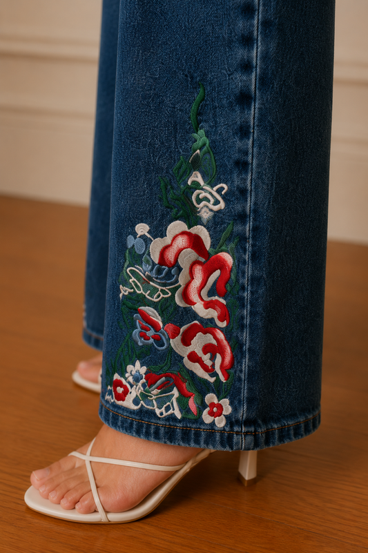 Vaquero wide leg bordado floral azul