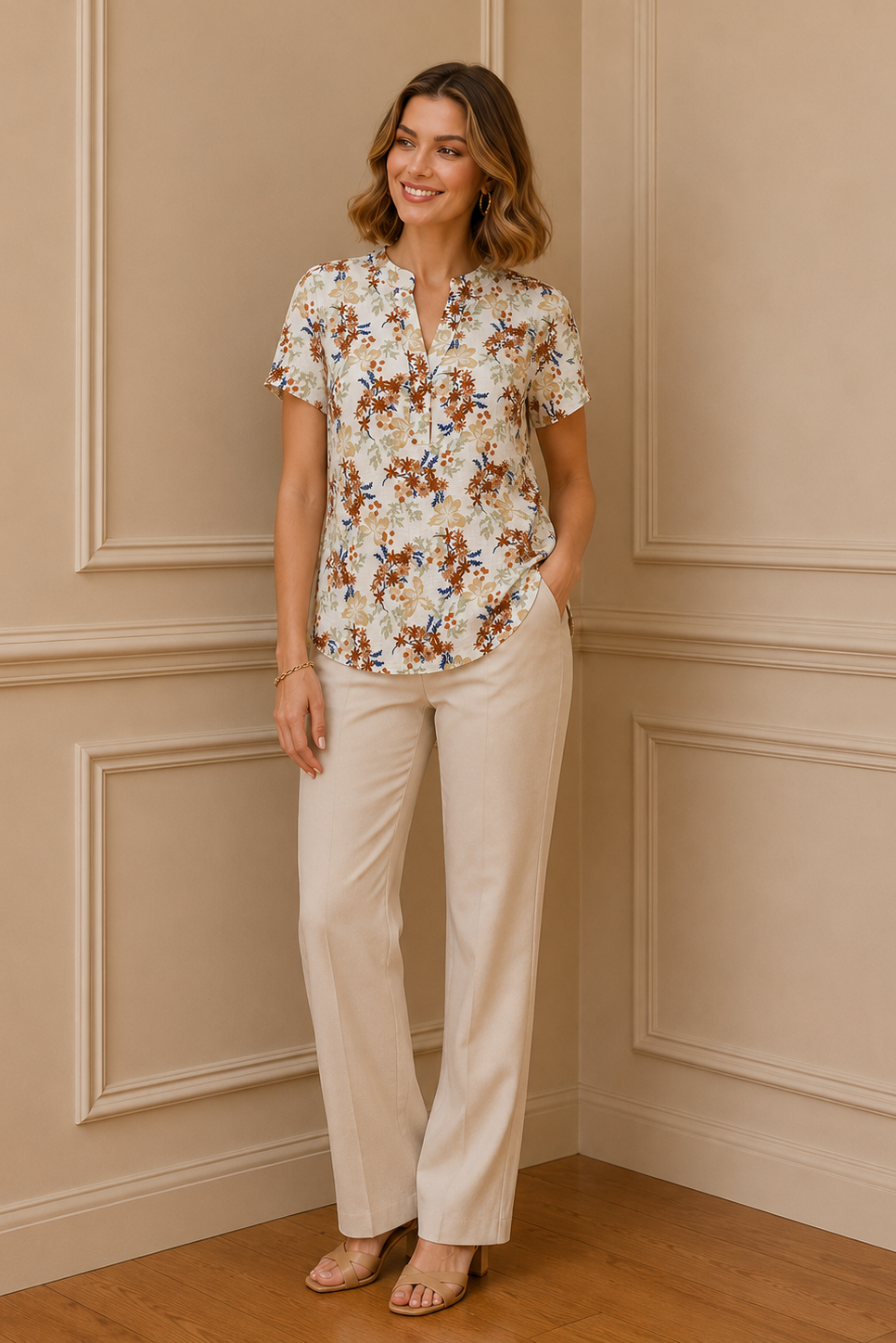 Blusa floral manga corta - vista con taburete