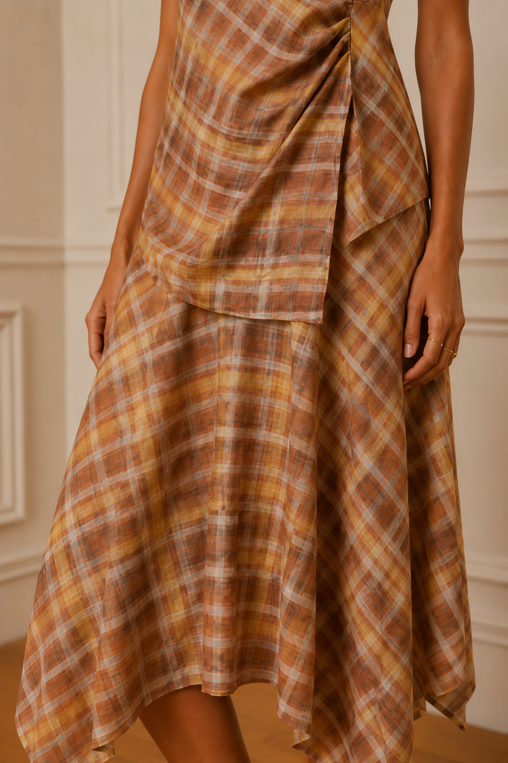 Falda midi cuadros ocre asimétrica