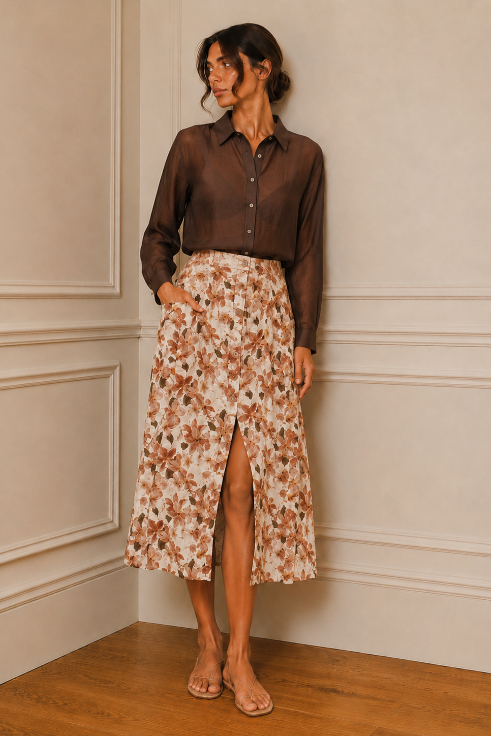 Falda midi floral beige y camel con abertura frontal