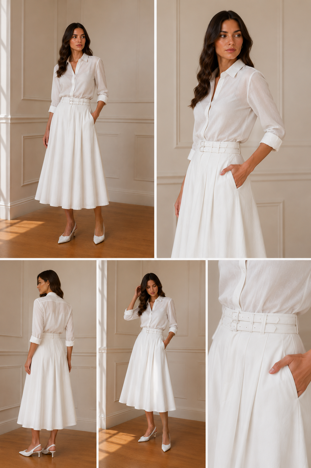 Falda midi blanca con cinturón doble hebilla