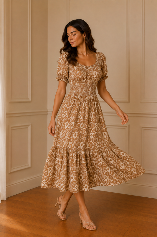 Vestido midi estampado geométrico beige