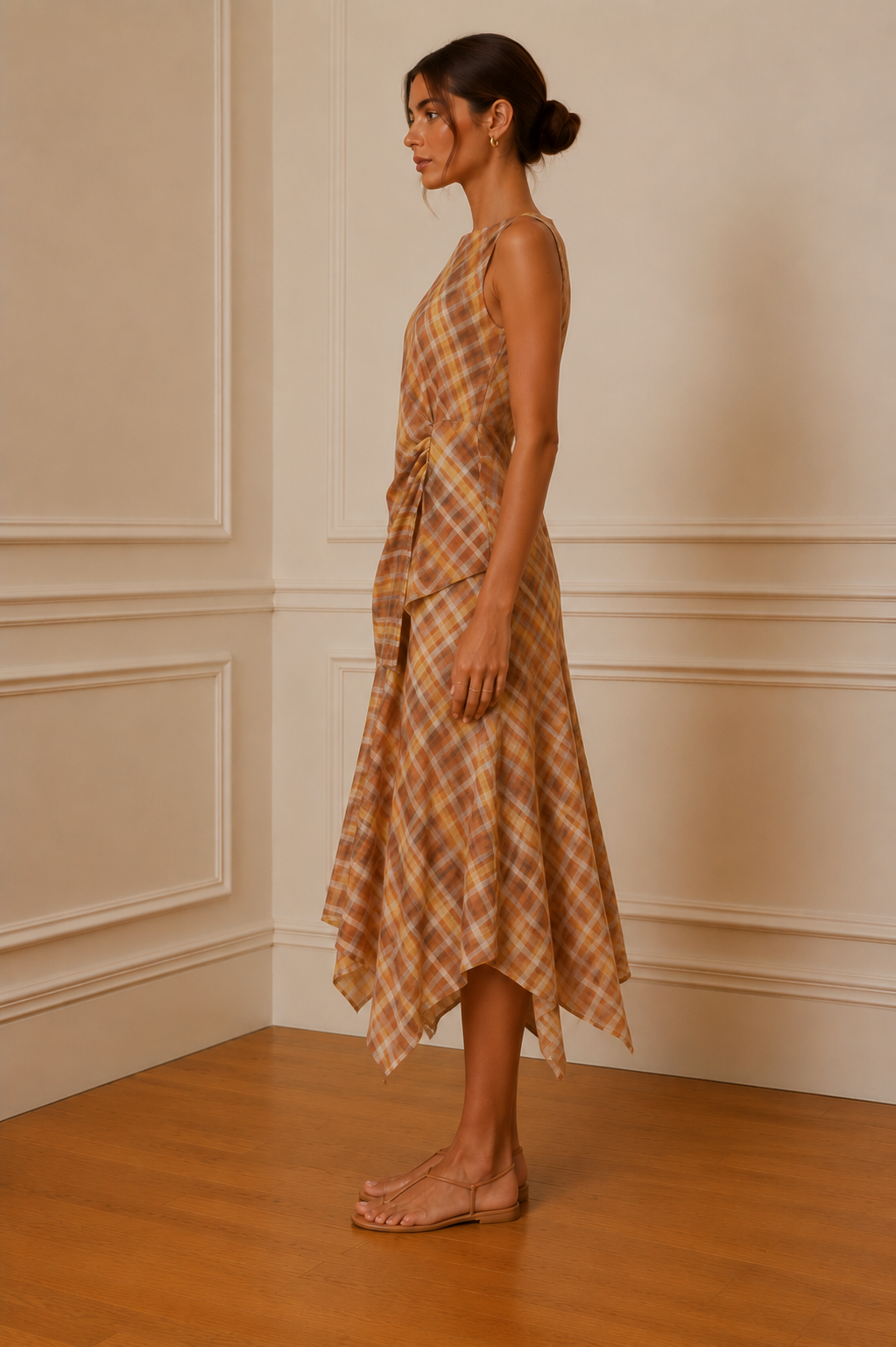 Falda midi cuadros ocre asimétrica