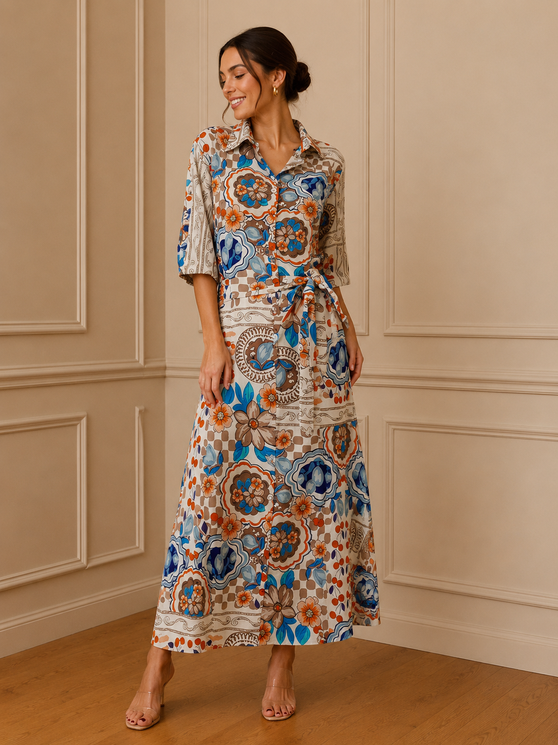 Vestido camisero midi estampado floral multicolor - vista completa