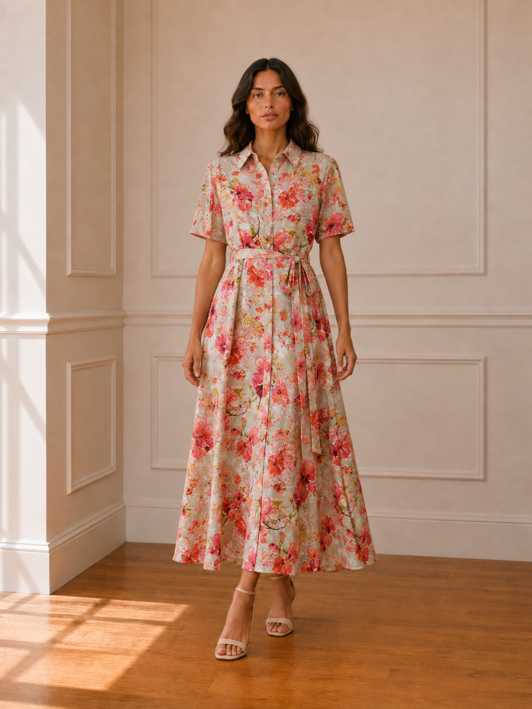 Vestido camisero floral midi con estampado rosa coral, vista frontal