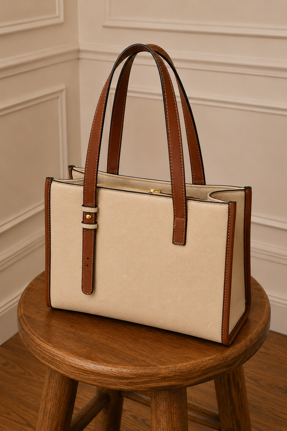 Bolso tote bicolor crema y camel - vista lateral izquierda