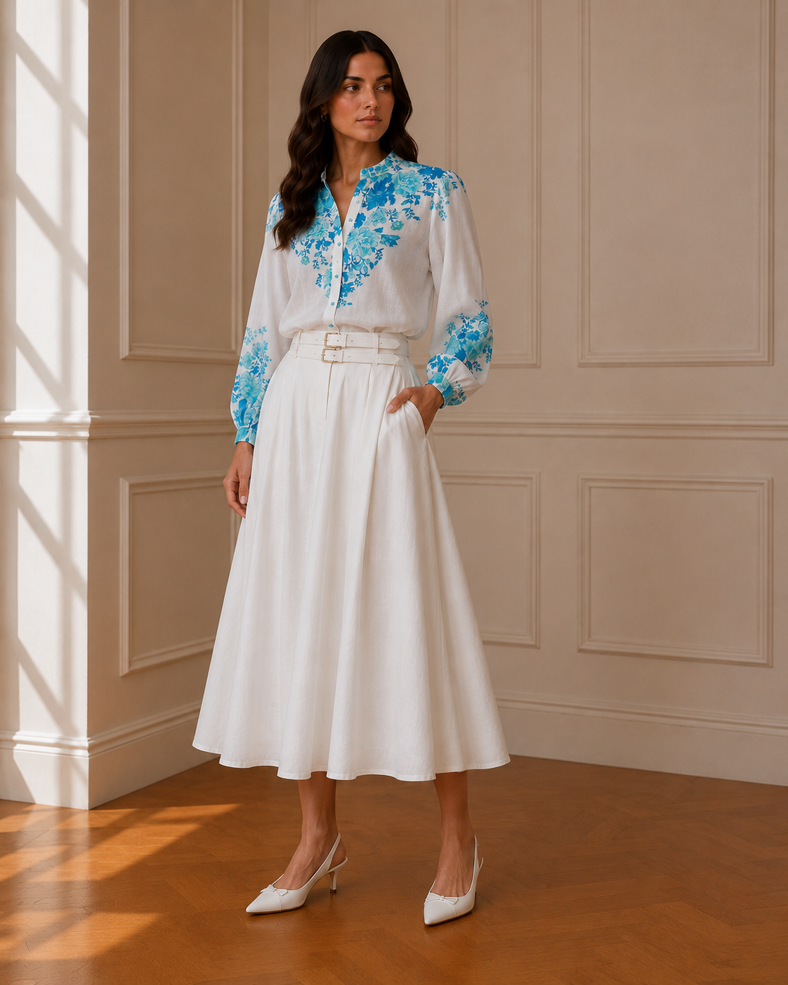 Falda midi blanca con cinturón doble hebilla