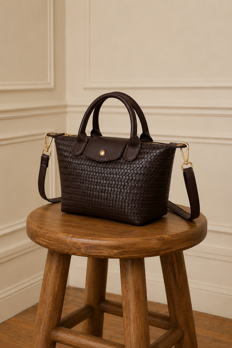 Bolso trenzado marrón con asa