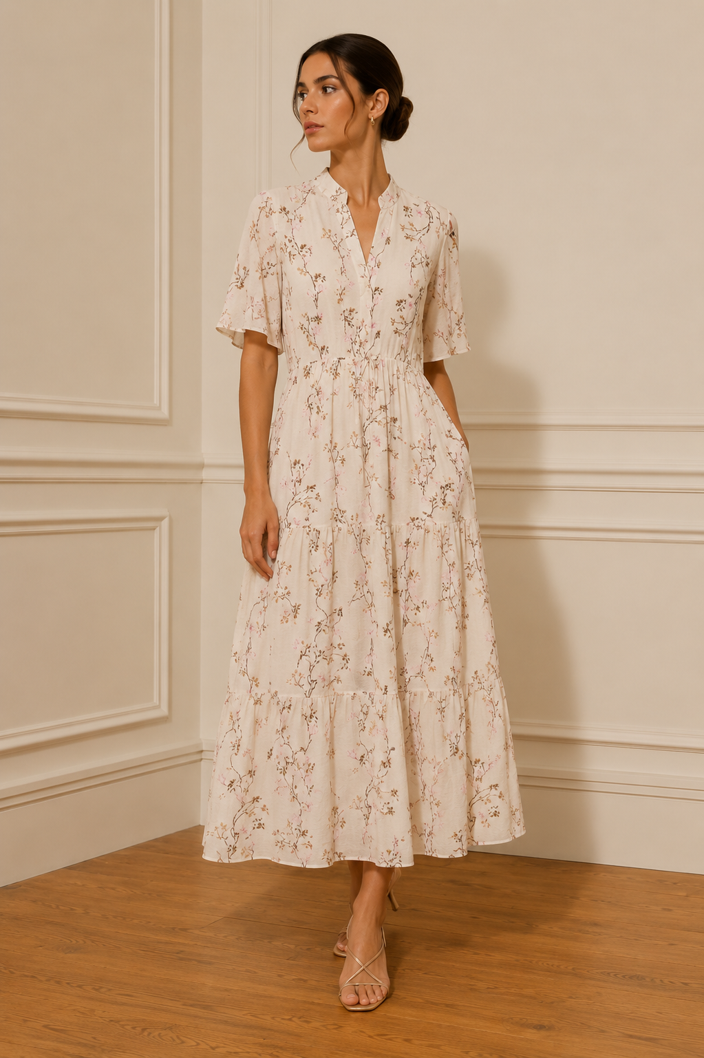 Vestido midi floral beige con cuello mao y manga acampanada
