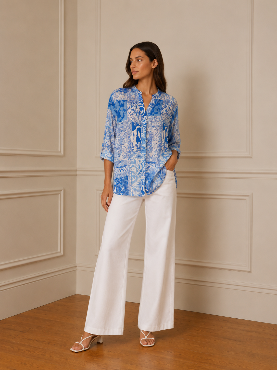 Camisa oversize patchwork azulejo - vista frontal