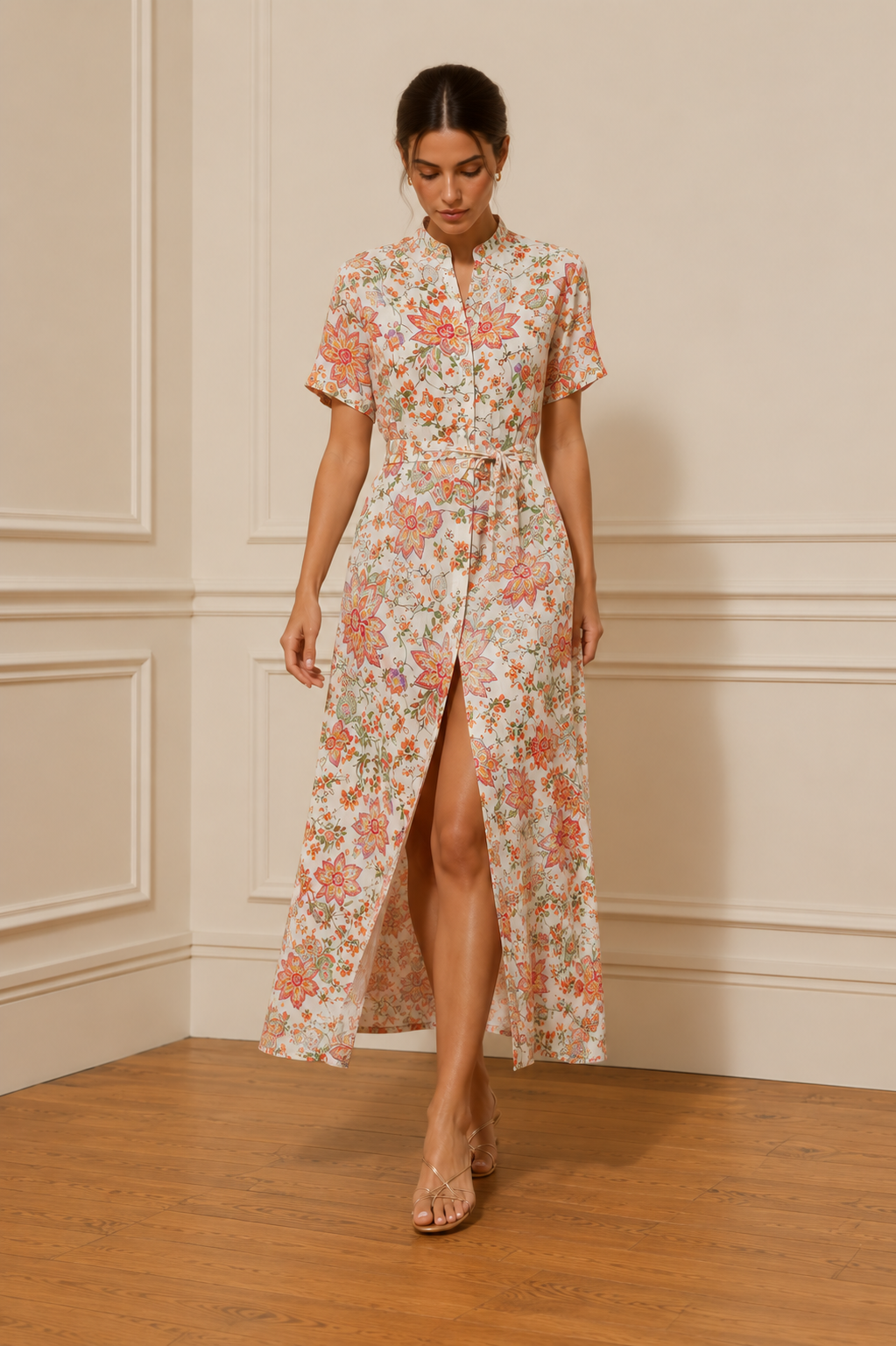 Vestido camisero midi floral coral con cuello mao