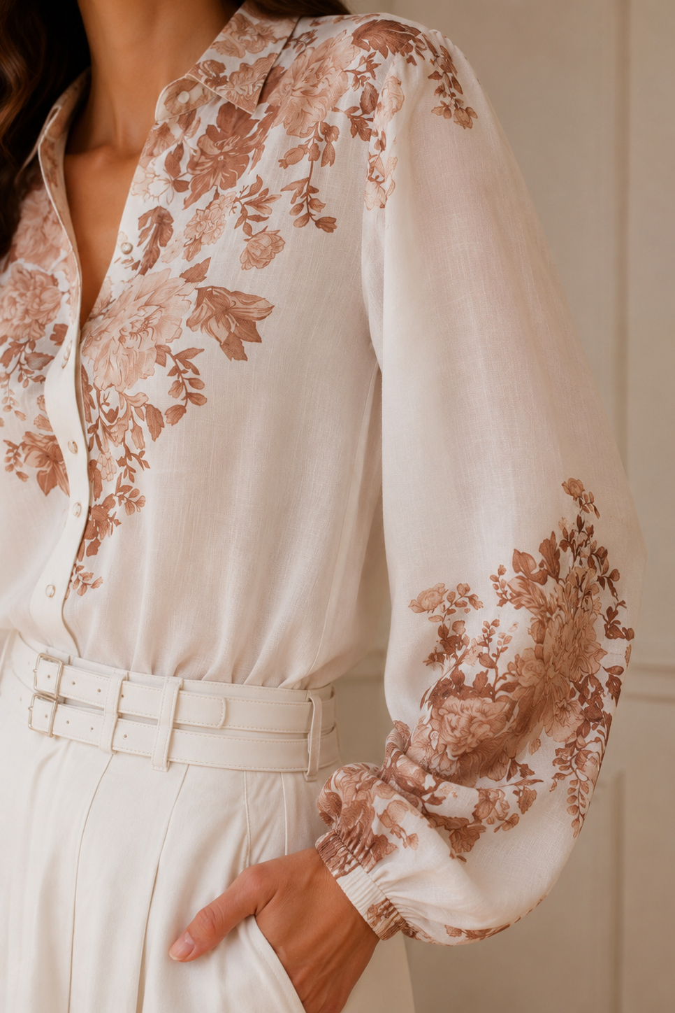 Camisa floral blanca estampado marrón - vista completa
