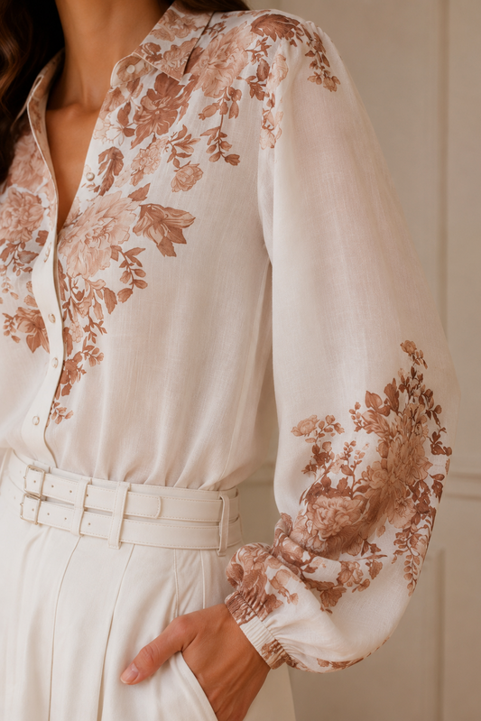Camisa floral blanca estampado marrón - vista completa