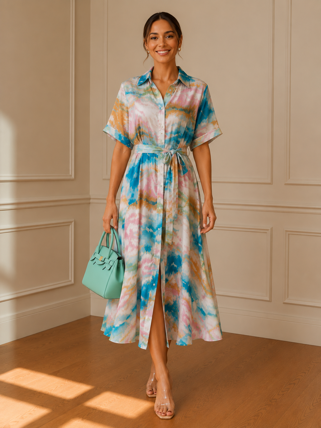 Vestido camisero midi acuarela - frontal completo