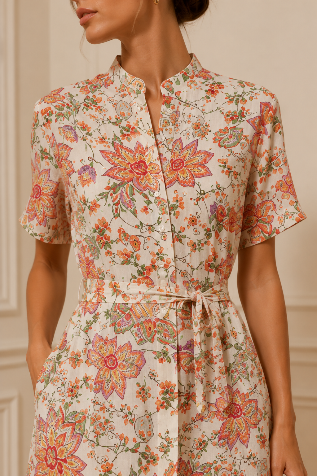 Vestido camisero midi floral coral con cuello mao