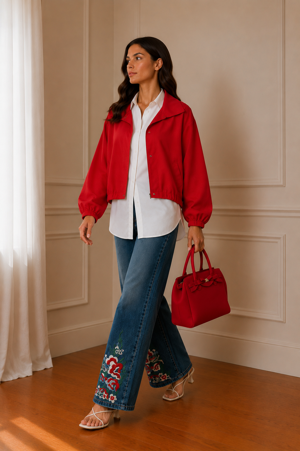 Gabardina roja manga globo - look completo lateral