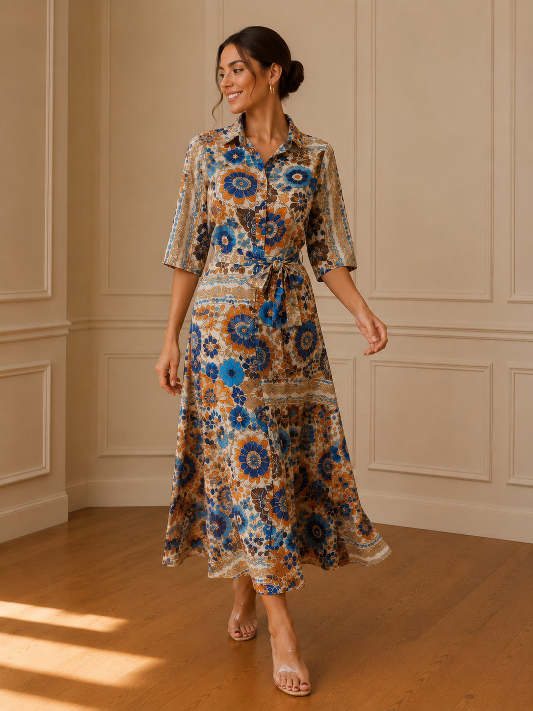 Vestido camisero midi estampado floral multicolor - con bolso