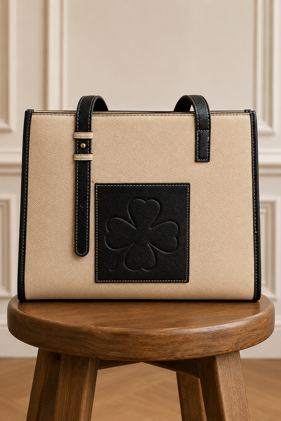 Bolso tote bicolor crema y negro con parche trébol