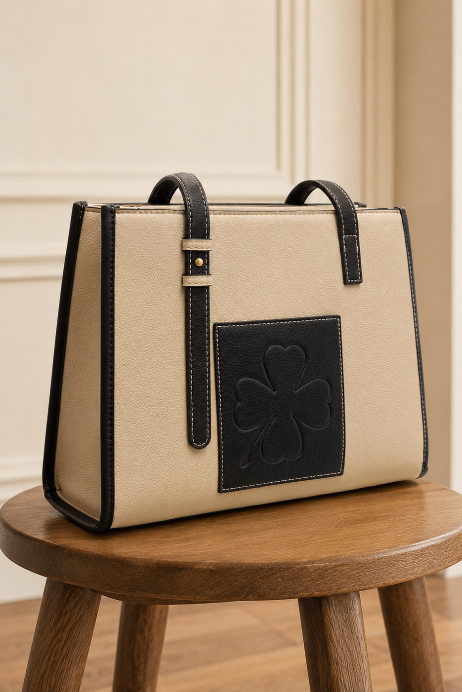 Bolso tote bicolor crema y negro con parche trébol